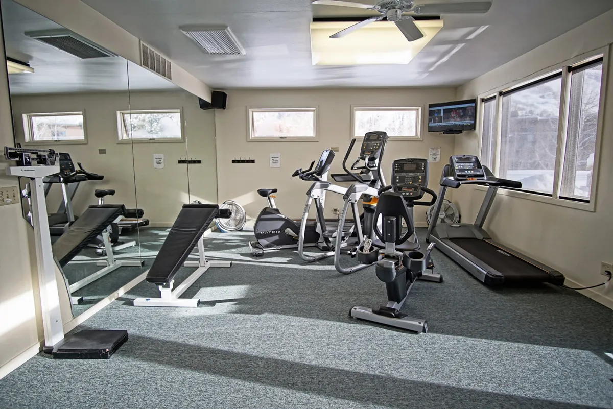 A bright, well-equipped fitness center features modern exercise equipment, mirrored walls, and large windows letting in natural light. The space invites energetic activity, whether for solo workouts or group classes.